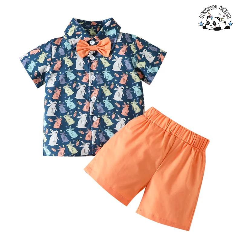 LEZONKIDS - Conjunto de camisa de cavalheiro infantil de duas peças na Páscoa